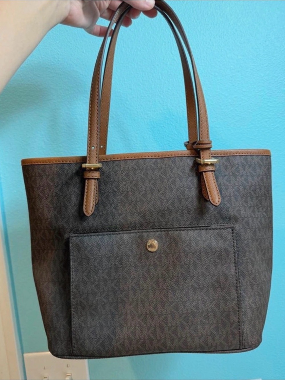 Michael Kors Dark Brown MK Logo Tote with Tan Leather Trim